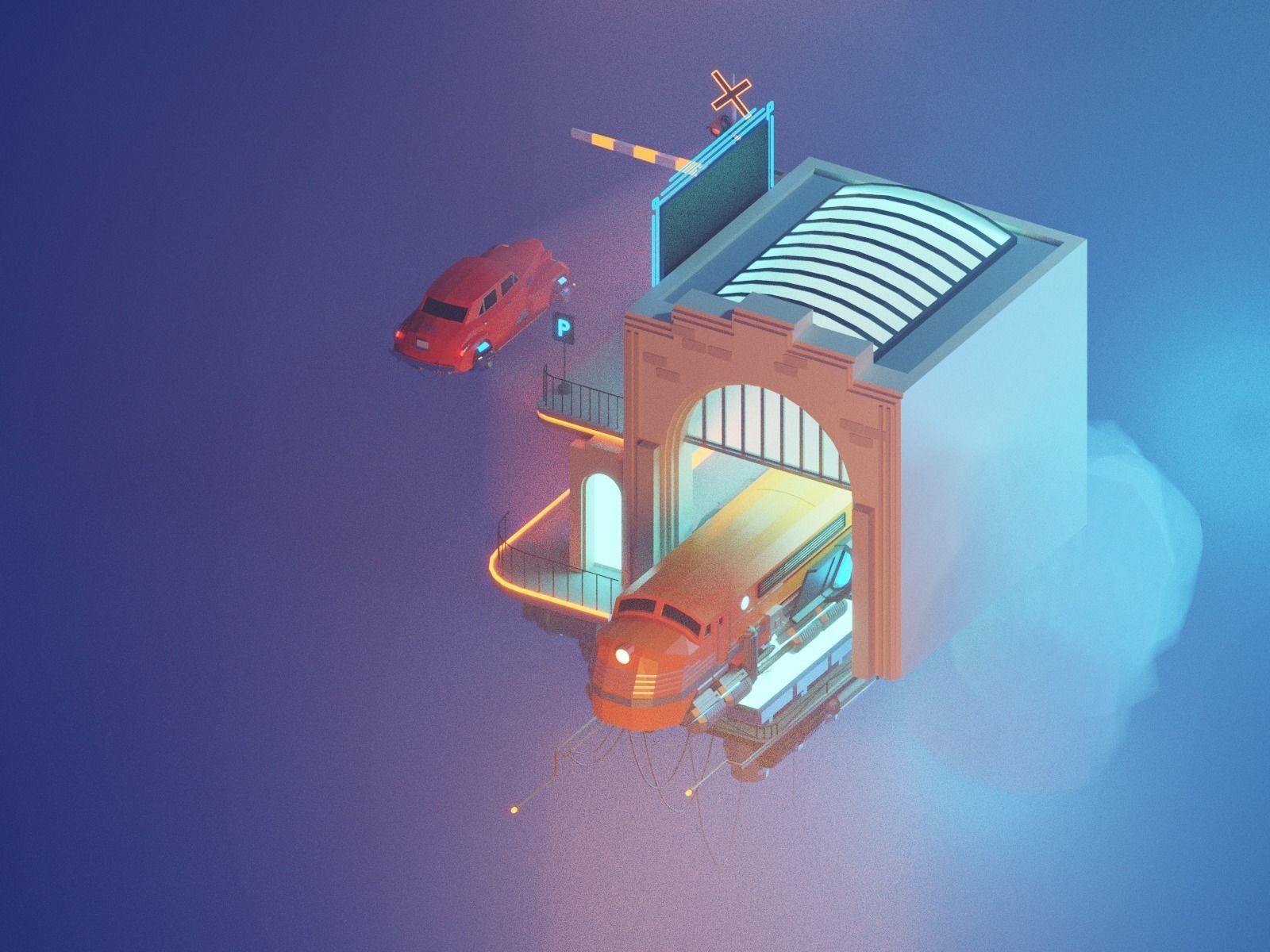 Cartoon Cloud Train Station scene  3D model_23