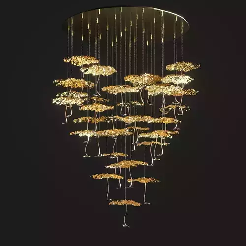 chandelier with gold leaves hanging from it