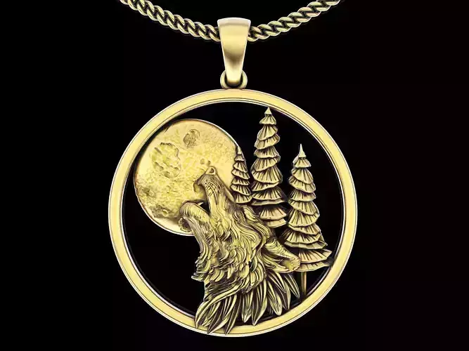 Wolf and moon pendant gold silver printable jewelry 3D model