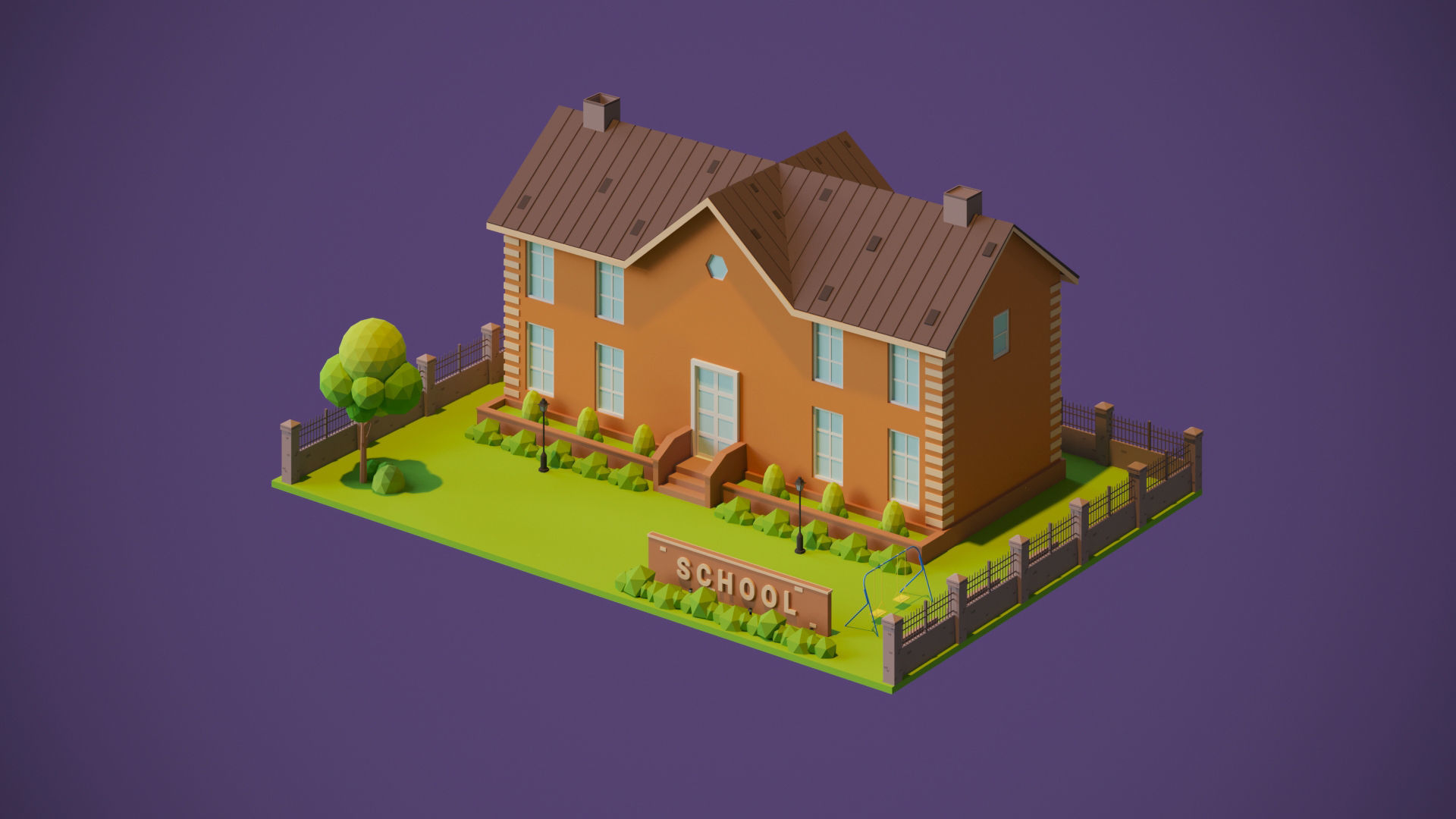 School Building Low-poly 3D model_1