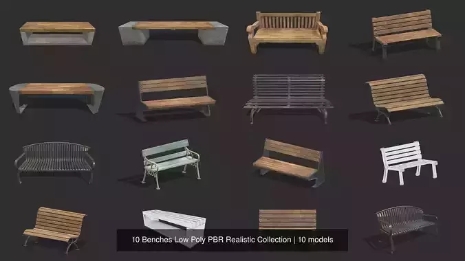 10 Benches Low Poly PBR Realistic Collection 