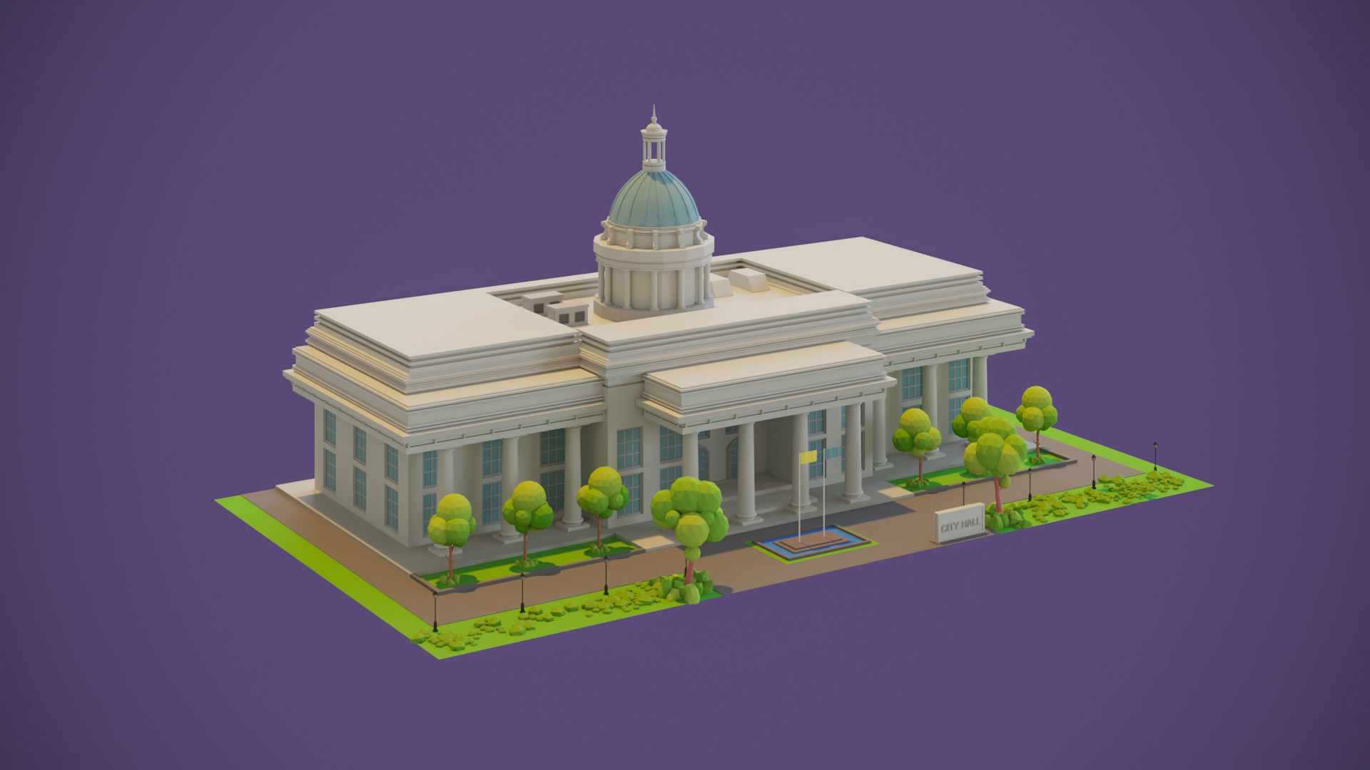 Town Hall Low-poly 3D model_3
