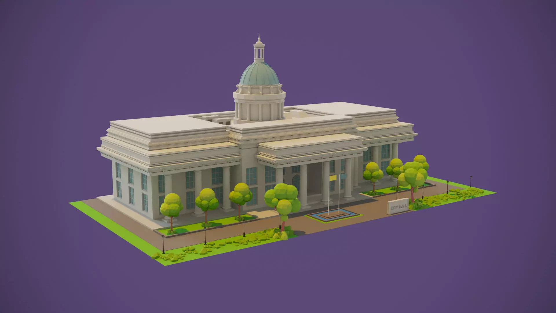 Town Hall Low-poly 3D model_0