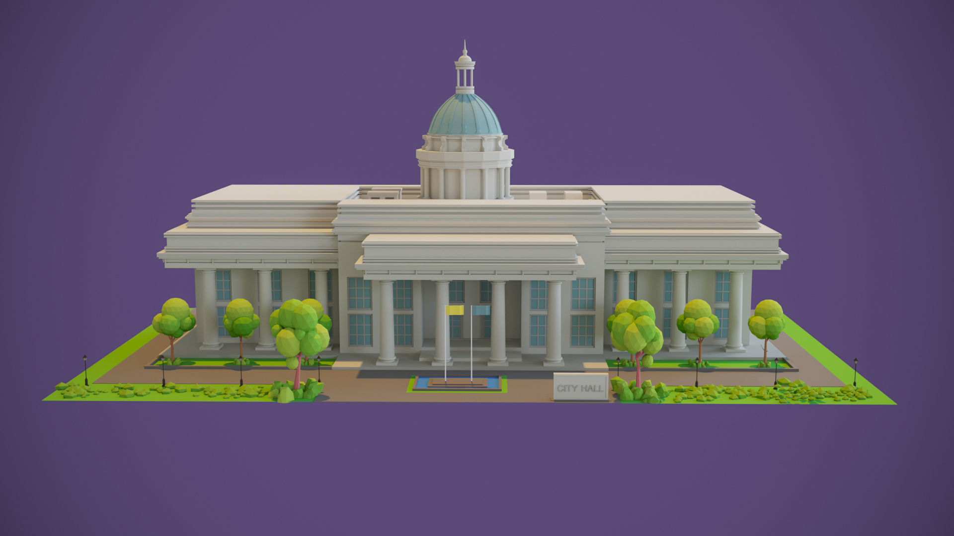 Town Hall Low-poly 3D model_1