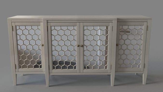 Four Door Storage Sideboard With Honeycomb Pattern White 3D model 2