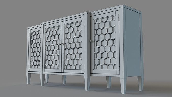 Four Door Storage Sideboard With Honeycomb Pattern White 3D model 6