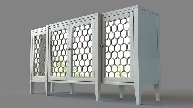 Four Door Storage Sideboard With Honeycomb Pattern White 3D model 5