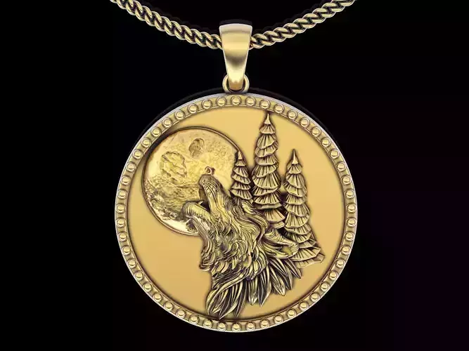 Wolf and moon pendant gold silver printable jewelry 3D model