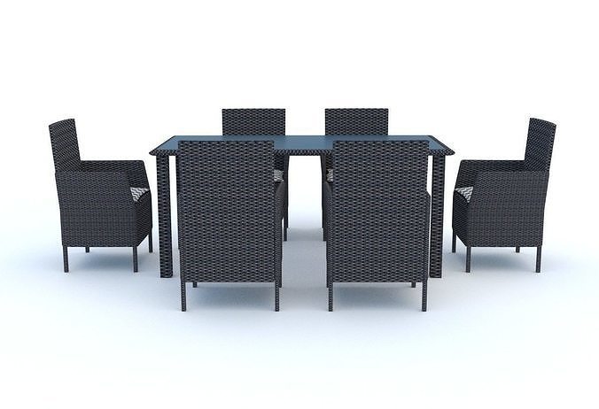 Rattan furniture set - table with glass top plus 6 chairs 3D model