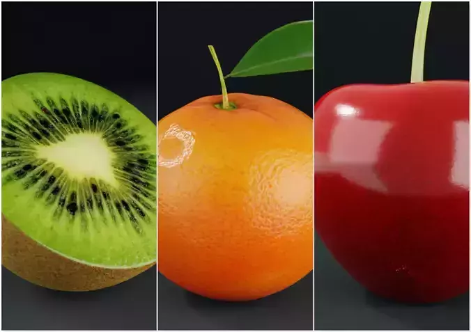 Fresh Fruits - Orange  Cherry   Kiwi  3D Model Collection