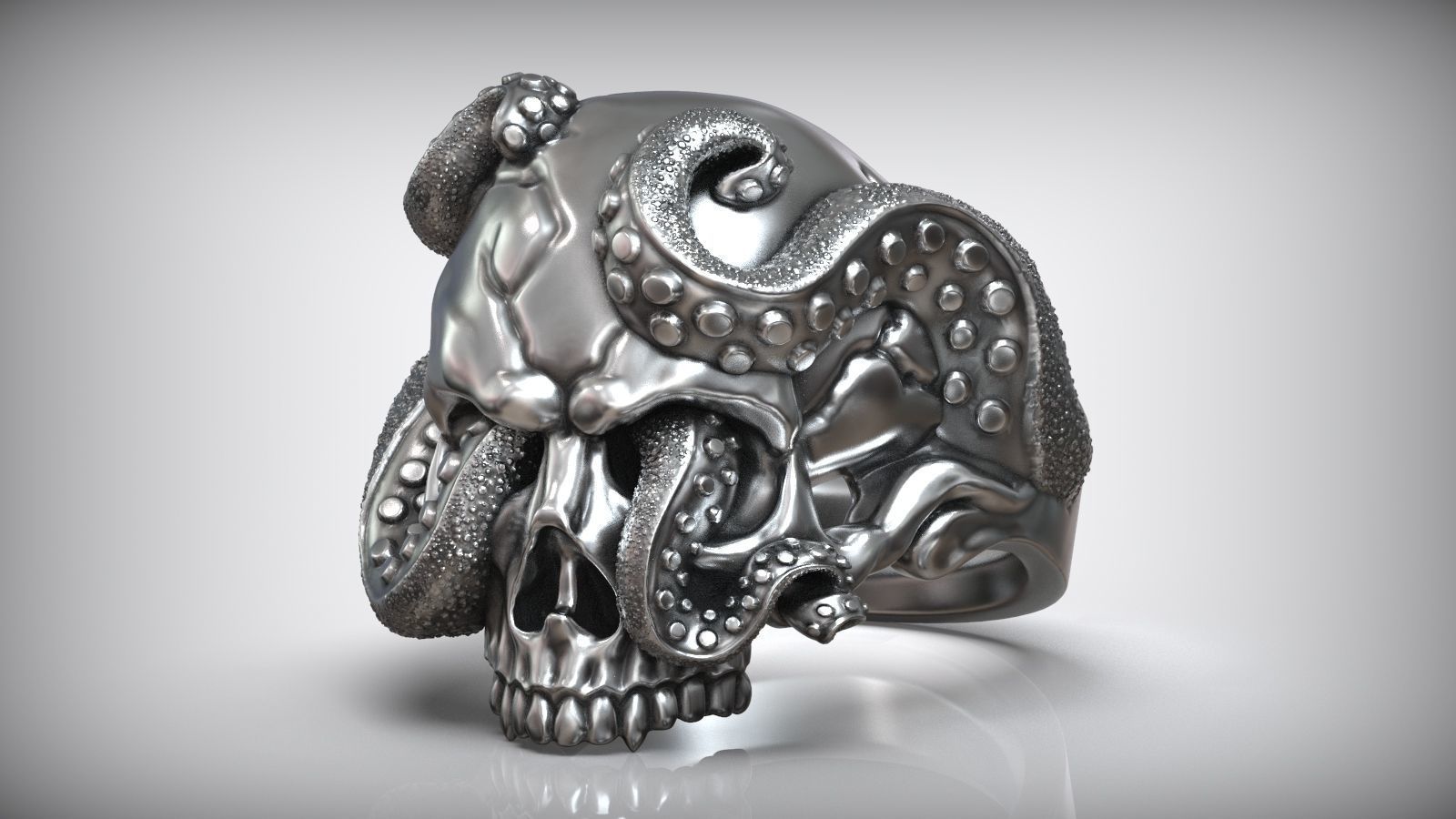 Skull Octopus Tentacles Silver Ring 3D print model_2
