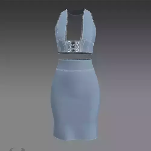 DENIM  FABRIC BLUE BLOUSE AND SKIRT TWO PIECES 