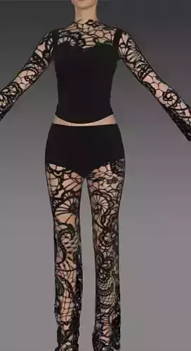 LACE FABRIC BLACK BLOUSE ANDPANT TWO PIECES MATTE LOOK