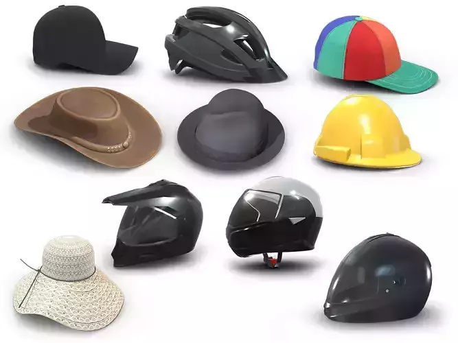 10 Hats and Helmets Low Poly PBR Realistic Collection 