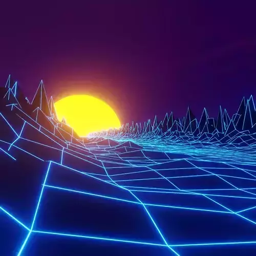 80s style background with polygonal glowing Mountains and sun 3D model