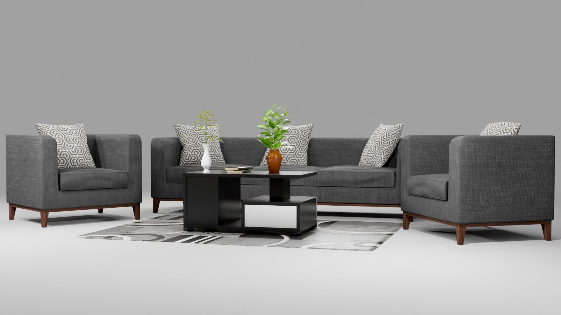 Sofa Set couch with pillows Low-poly 3D model_4