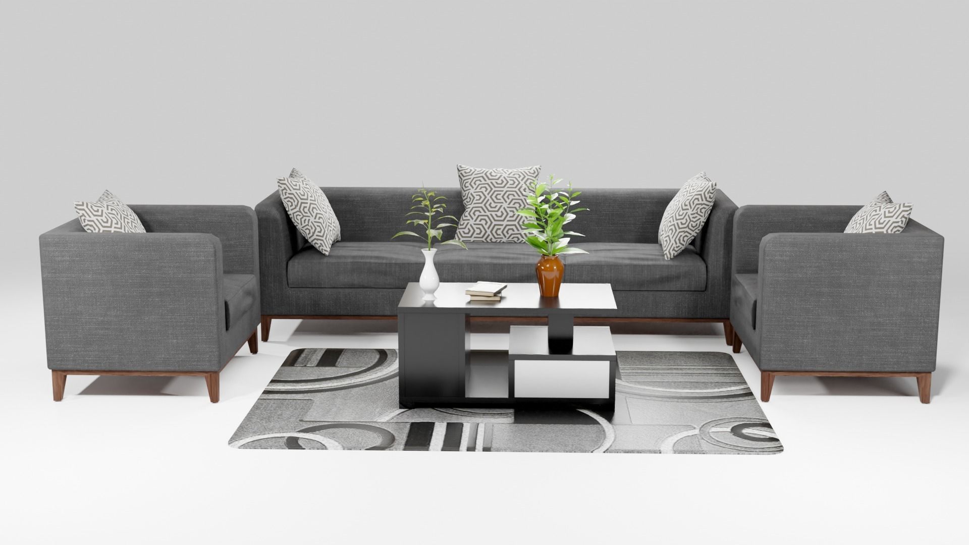 Sofa Set couch with pillows Low-poly 3D model_2