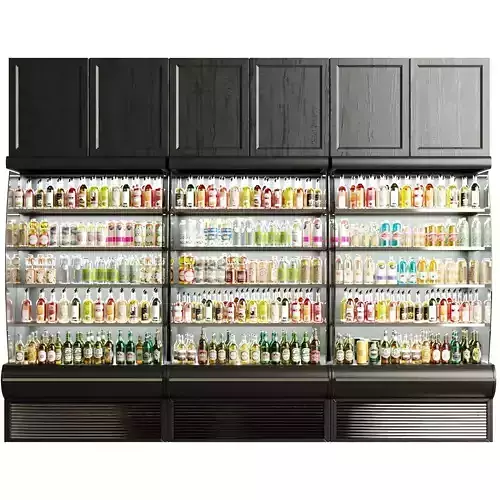 Showcase in a supermarket with juices lemonade and beer