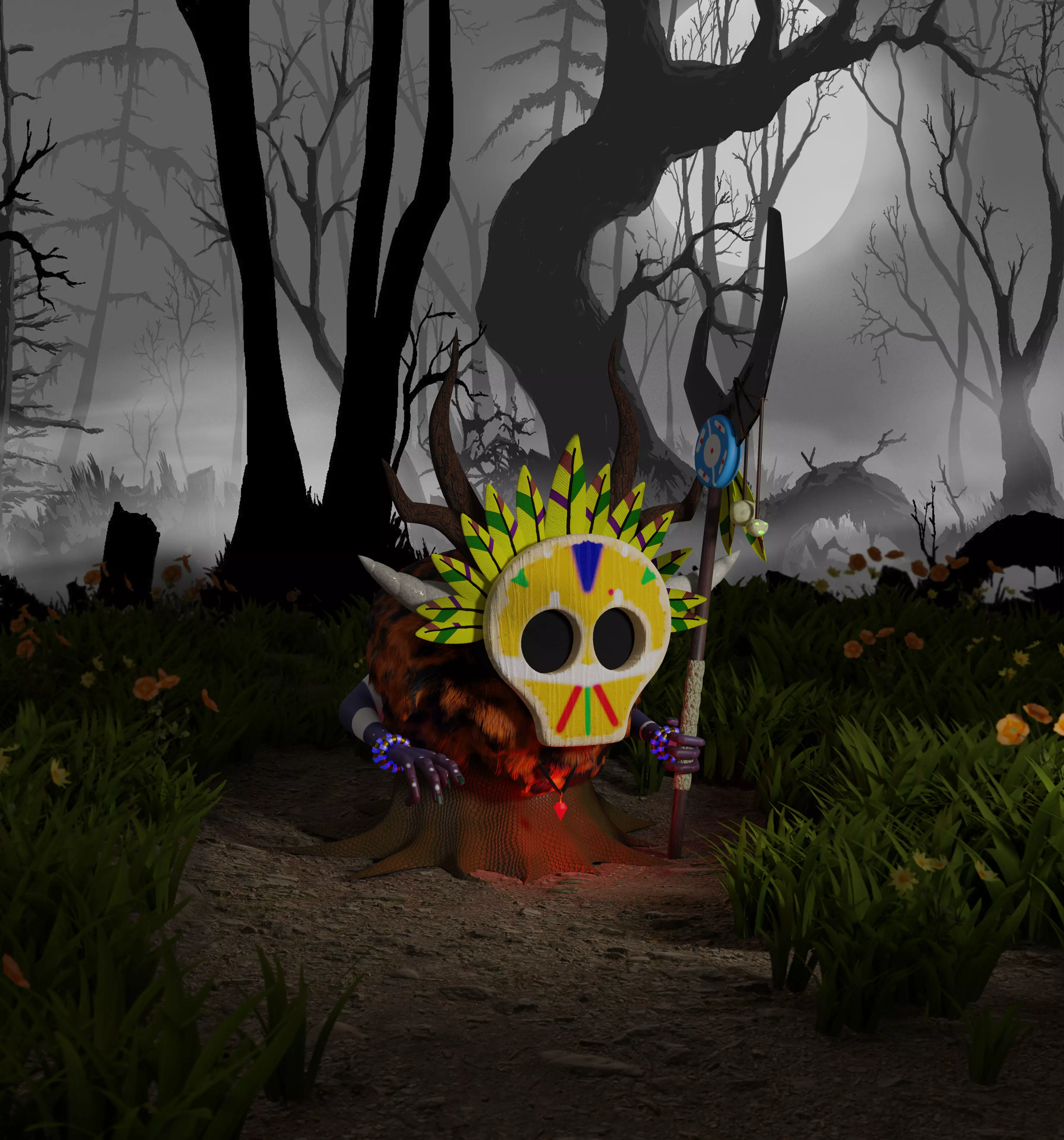 Shaman head with spikes Low-poly 3D model_0