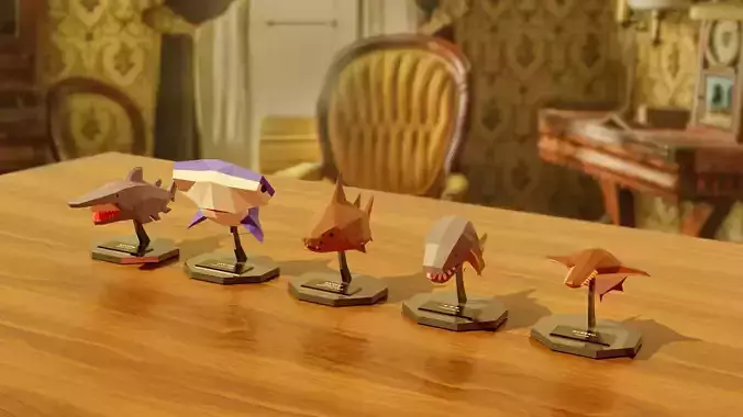 Desktop Mascot 5 kinds of sharks set Low-poly 3D model