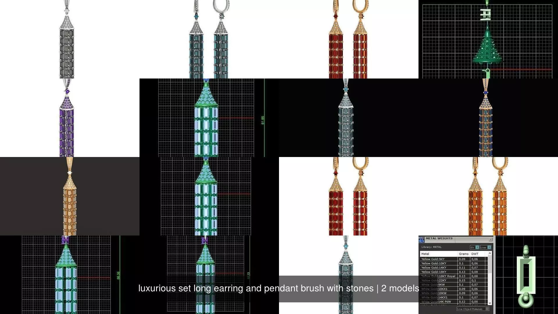 luxurious set long earring and pendant brush with stones 3D Model Collection_1