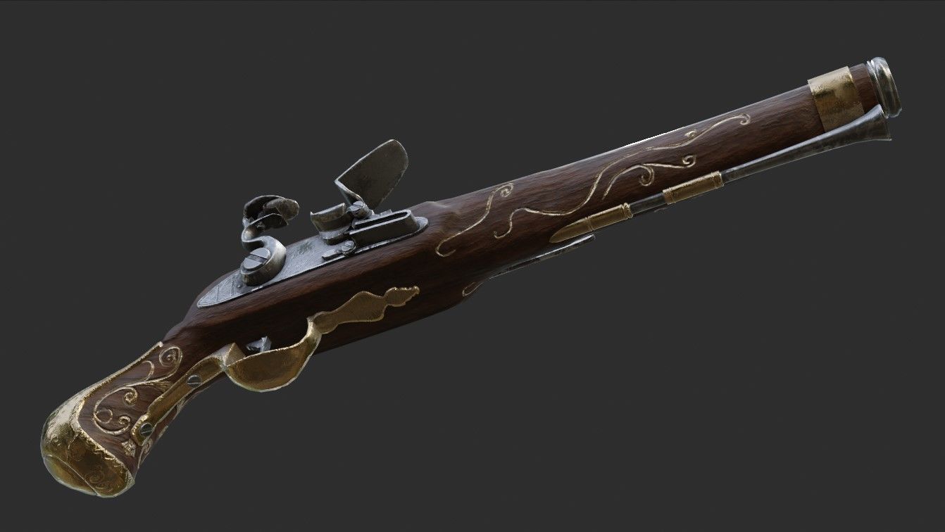 Flintlock pistol 1733 decorated Low-poly 3D model_4