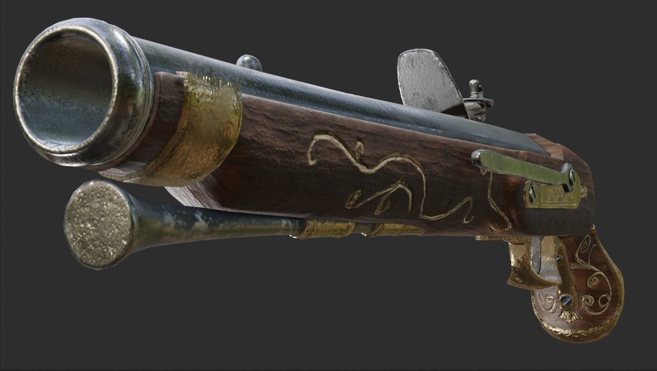 Flintlock pistol 1733 decorated Low-poly 3D model_1