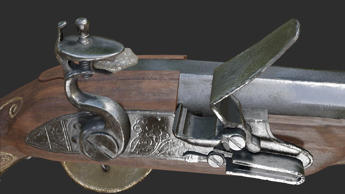 Flintlock pistol 1733 decorated Low-poly 3D model_8