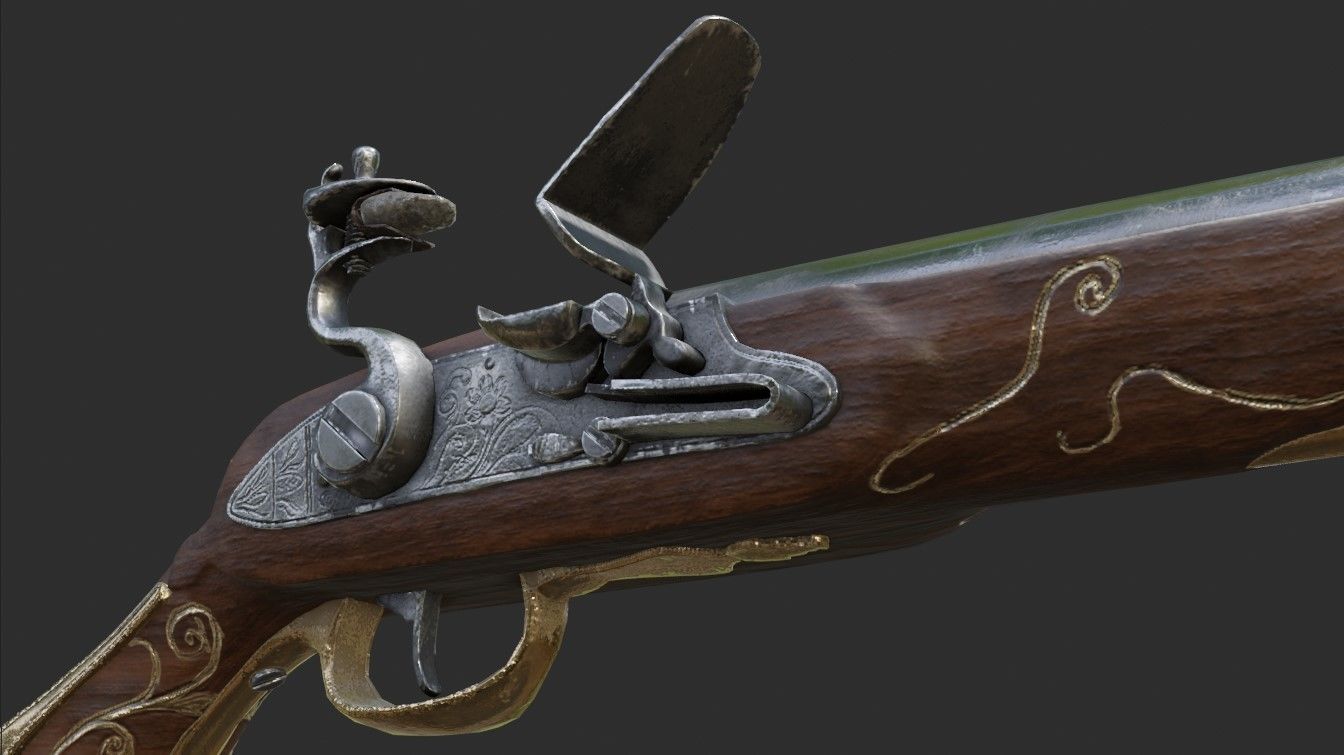 Flintlock pistol 1733 decorated Low-poly 3D model_2