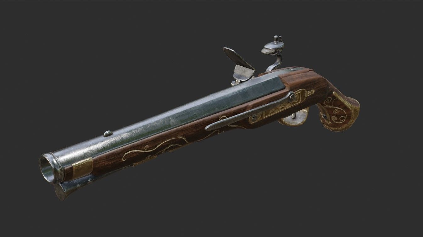 Flintlock pistol 1733 decorated Low-poly 3D model_3