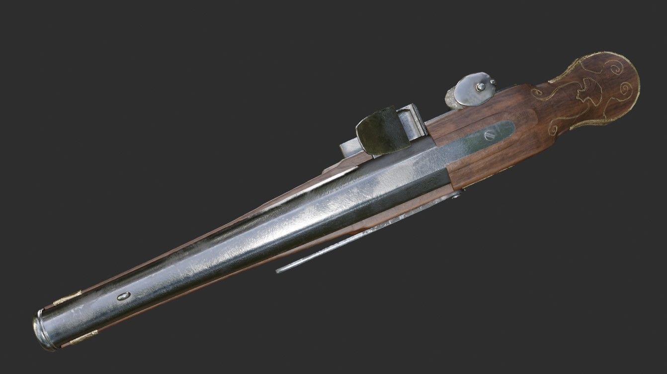 Flintlock pistol 1733 decorated Low-poly 3D model_6