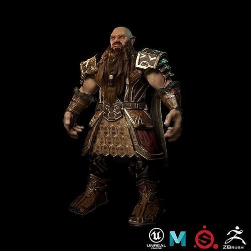 Dwarf character with beard and armor 3D model