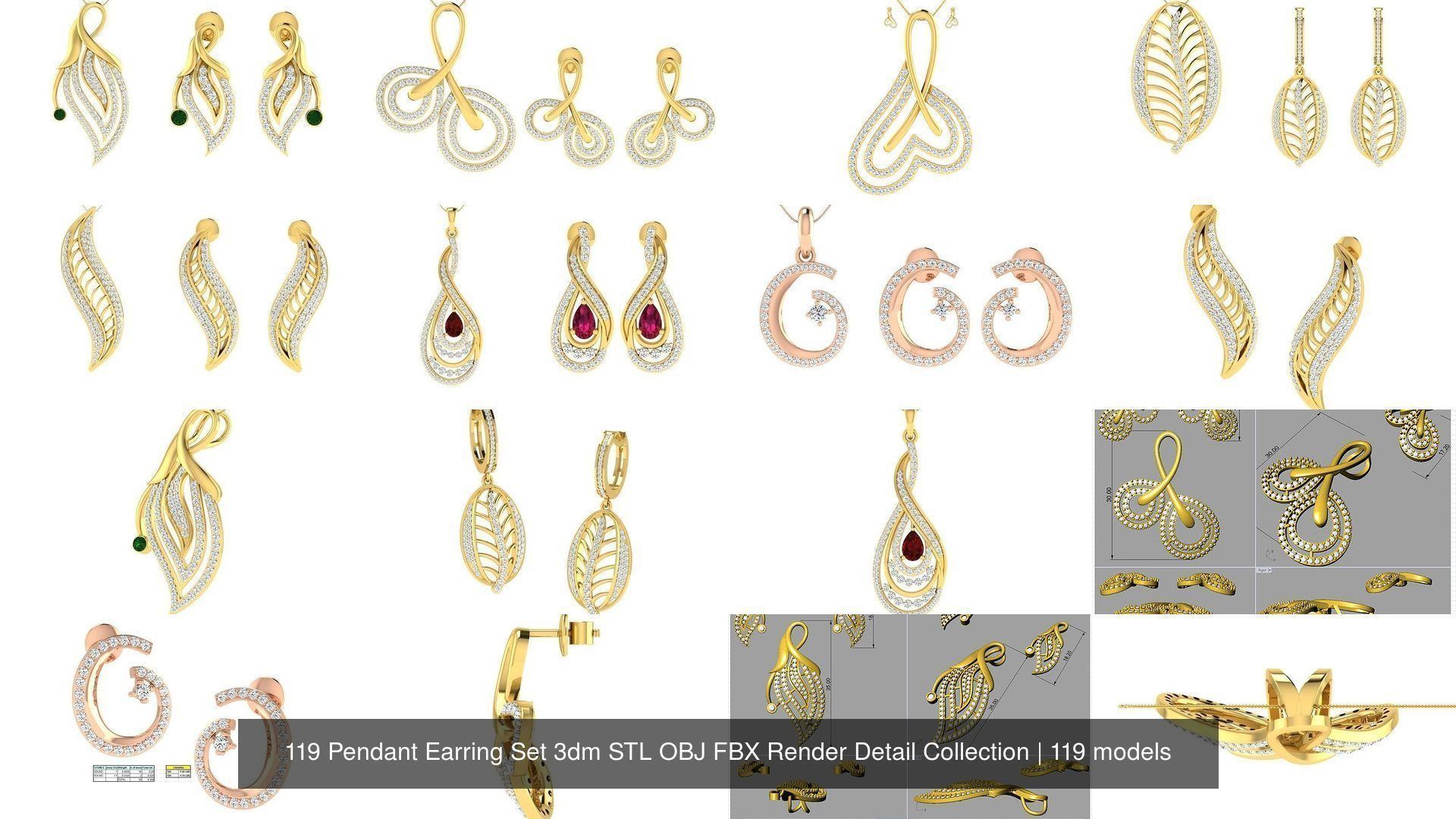 119 Pendant Earring Set 3dm STL OBJ FBX Render Detail Collection _14