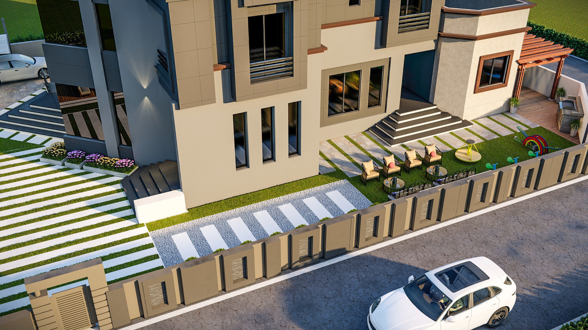 front landscape design of luxury house 3D model_9