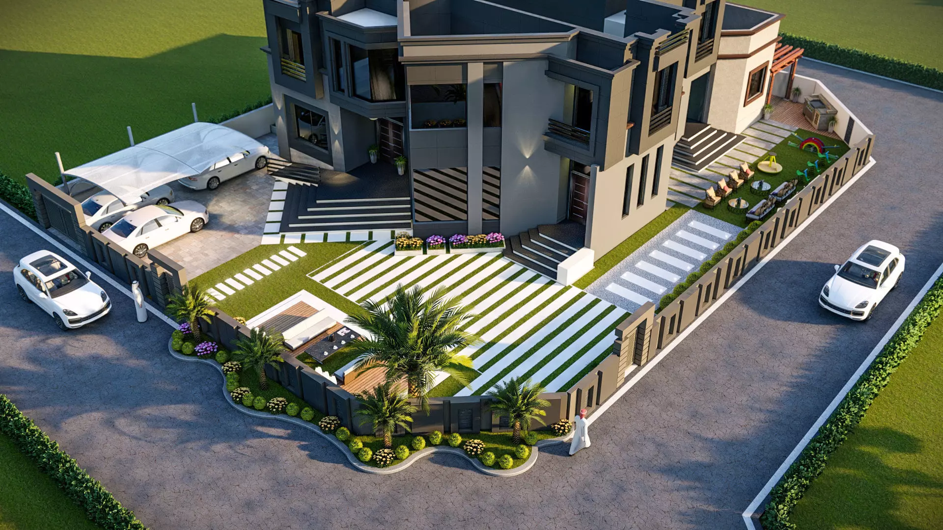front landscape design of luxury house 3D model_0