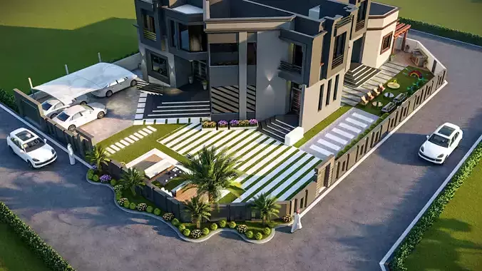front landscape design of luxury house 3D model