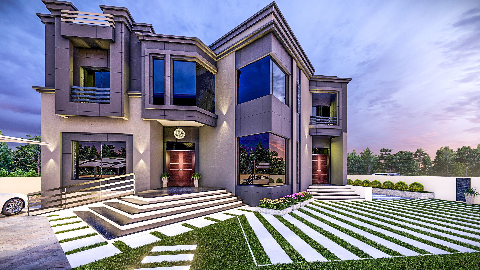 front landscape design of luxury house 3D model_3