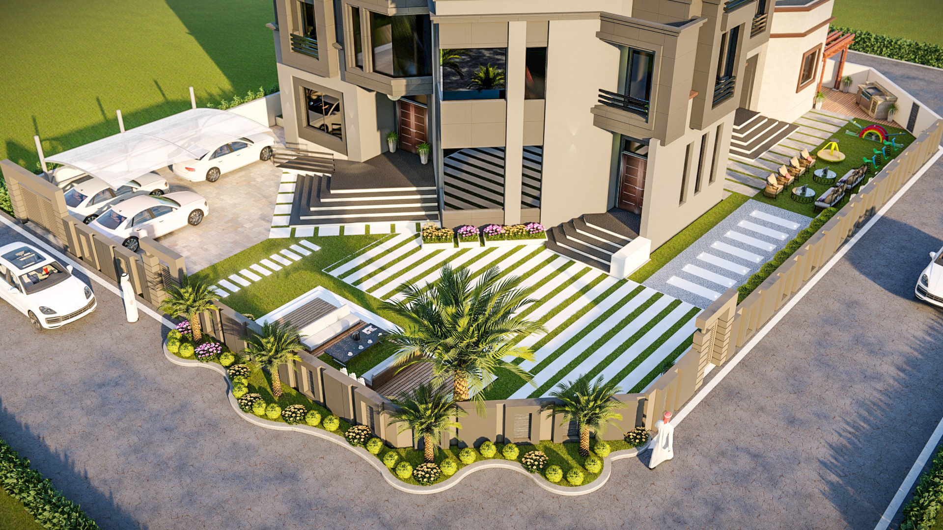 front landscape design of luxury house 3D model_8