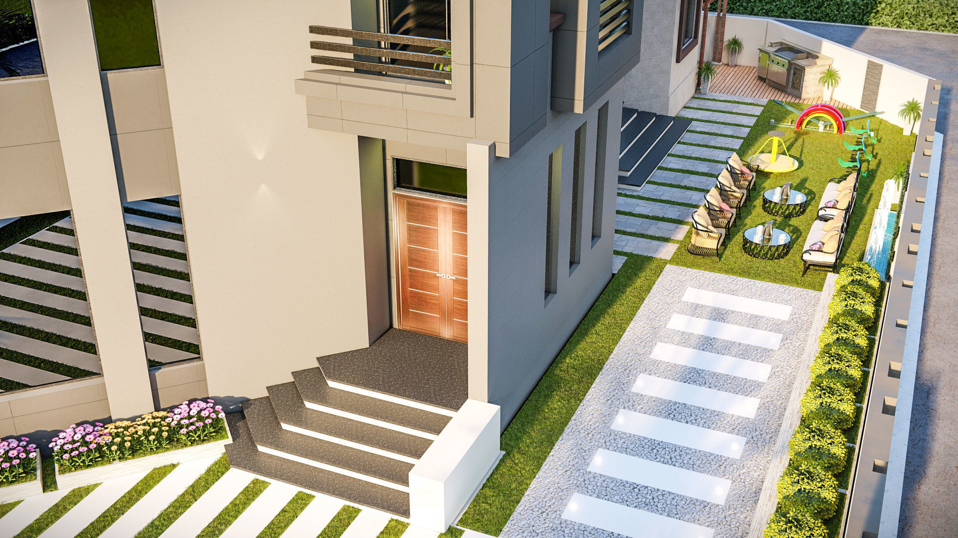 front landscape design of luxury house 3D model_1