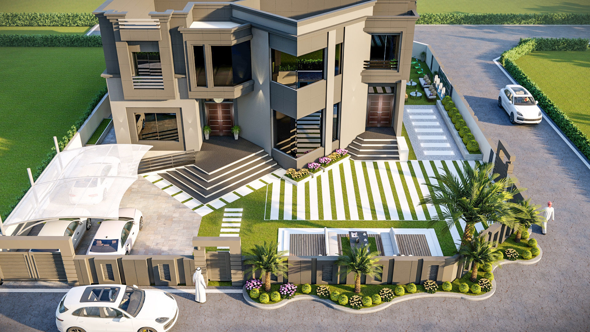 front landscape design of luxury house 3D model_2