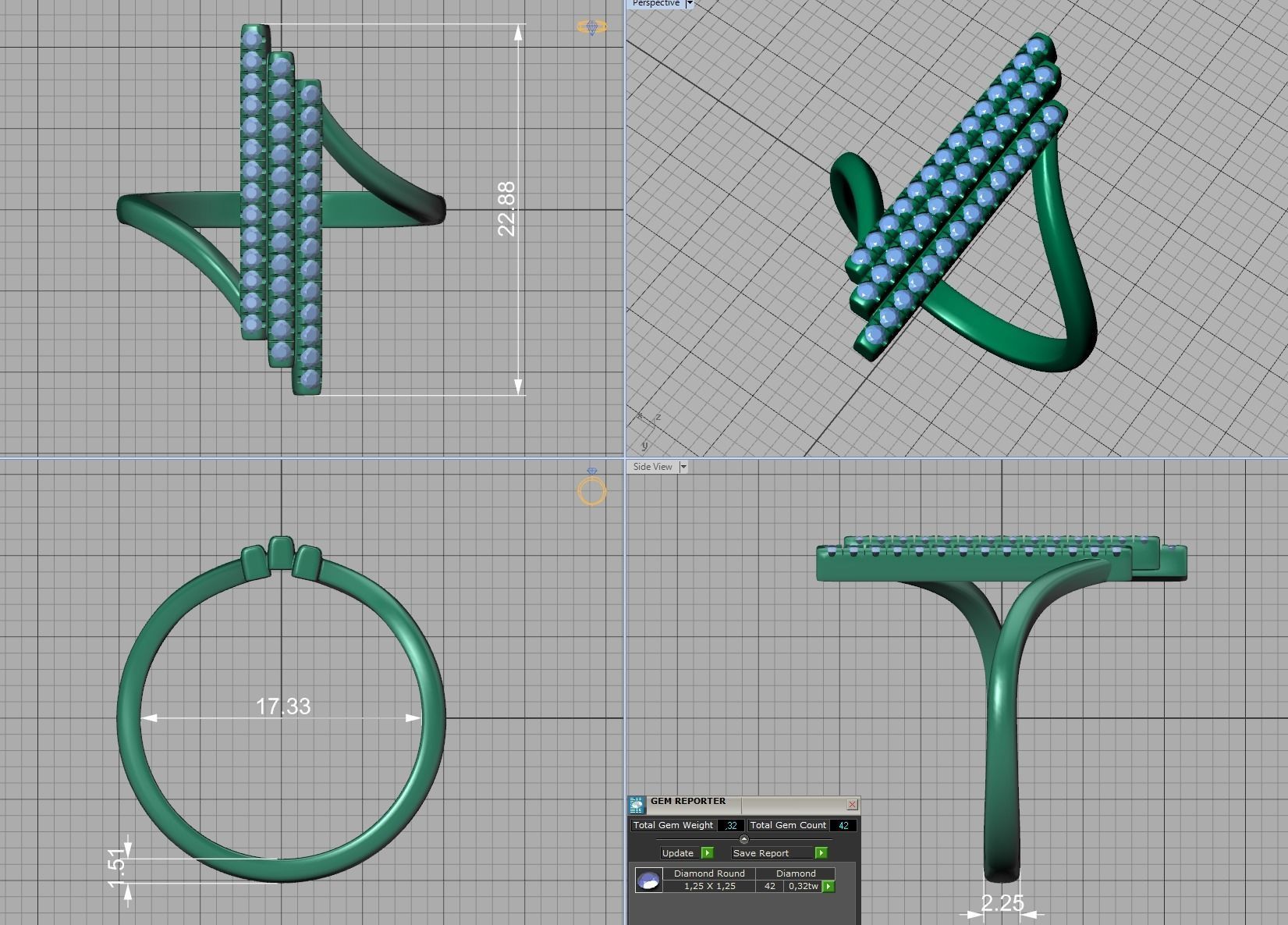 Alice 3Row Diamond Ring Bypass Ring French Pave Setting 3D print model_7