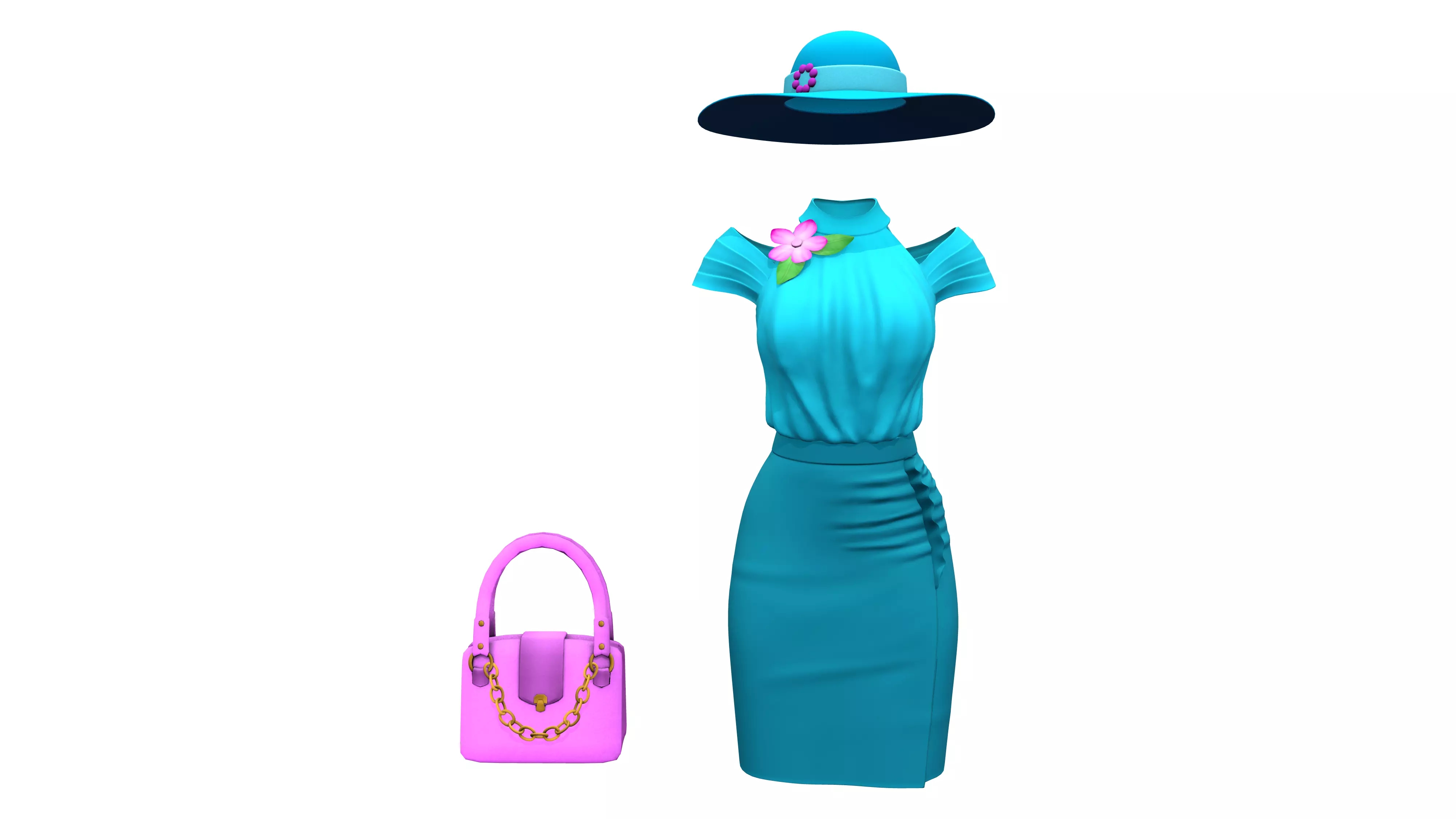 Full Teal Spring Summer Going Shopping Outfit Low-poly 3D model_0