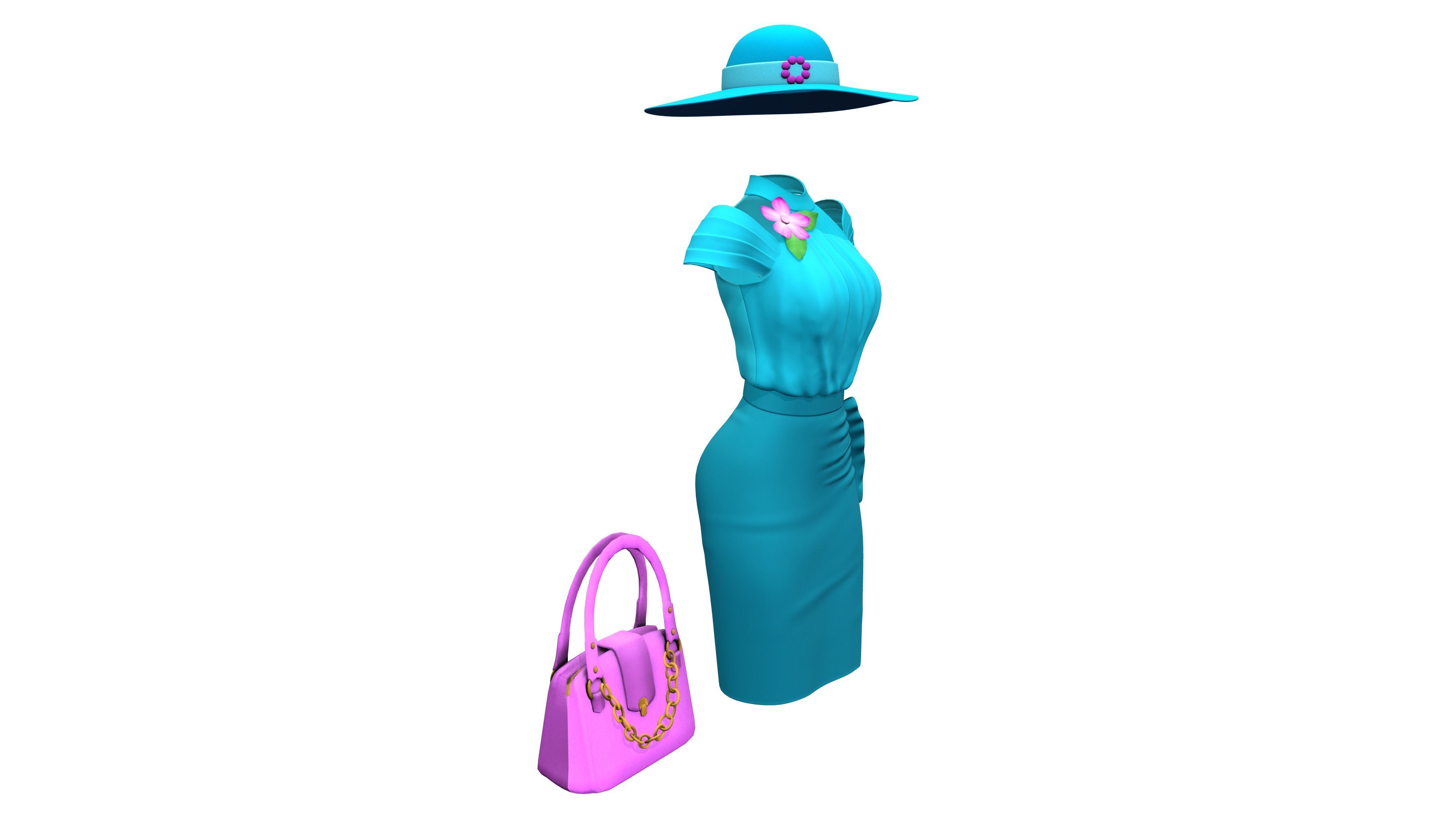 Full Teal Spring Summer Going Shopping Outfit Low-poly 3D model_7