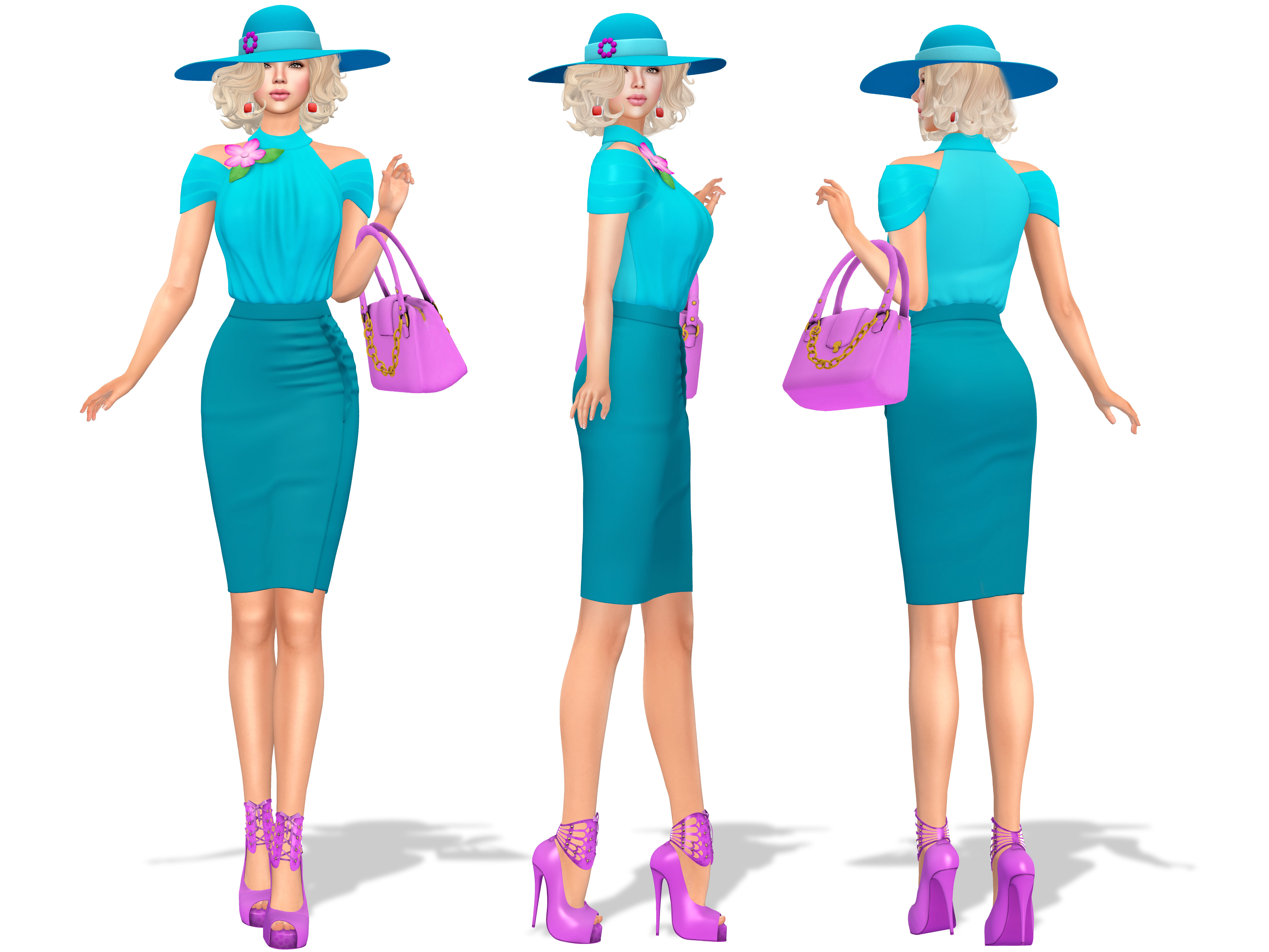 Full Teal Spring Summer Going Shopping Outfit Low-poly 3D model_2