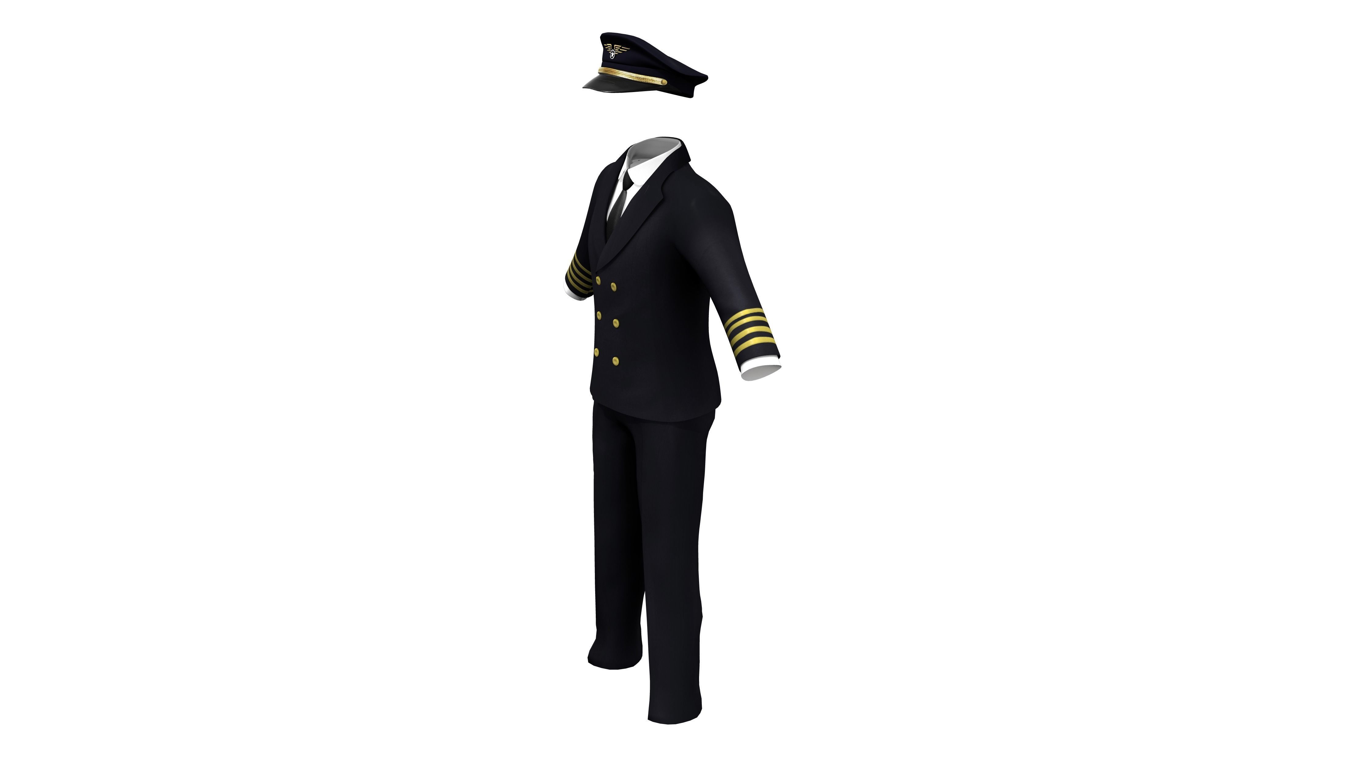 Men Captain Pilot Uniform With Pilot Hat Low-poly 3D model_2