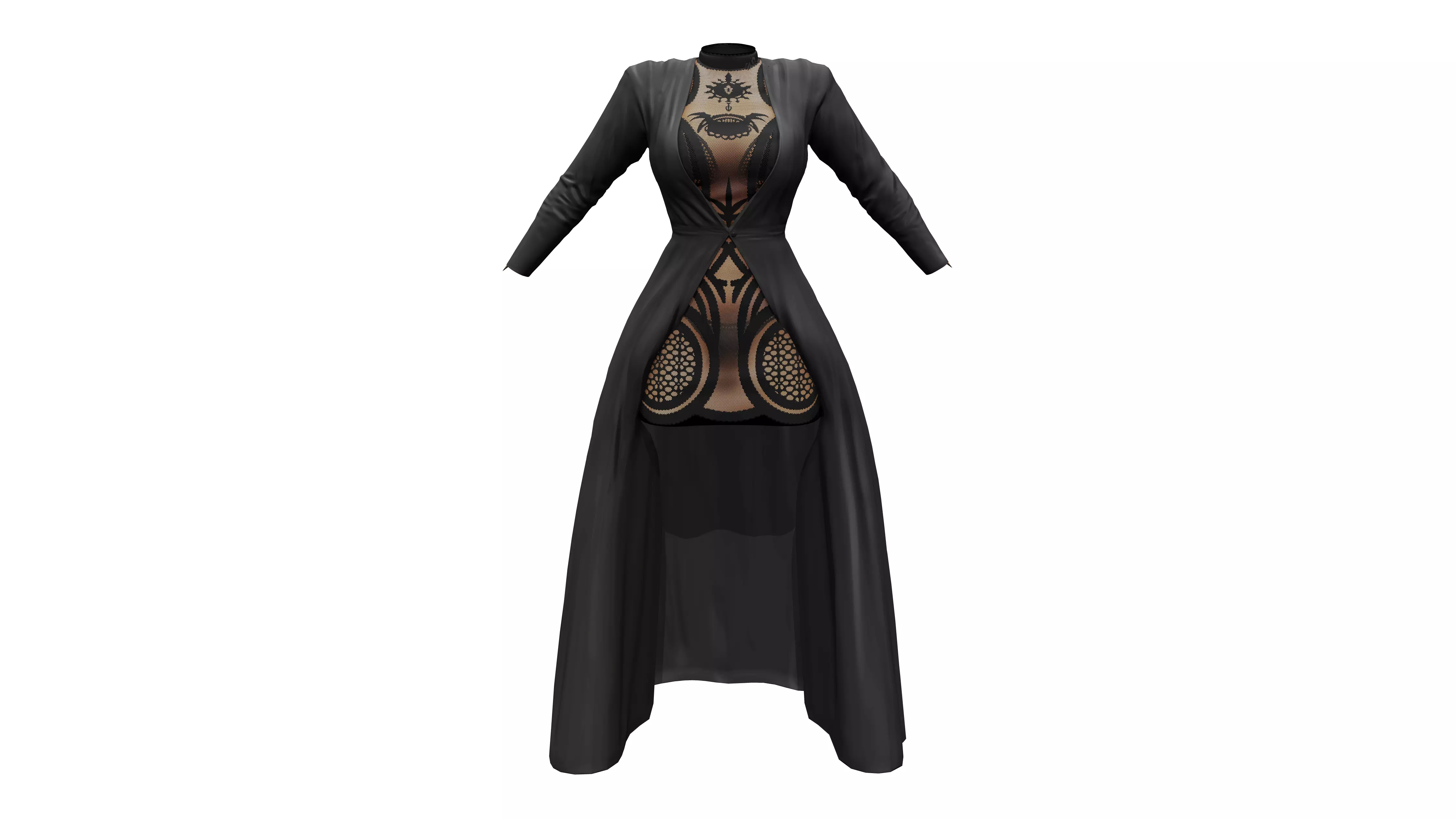 Buttoned Front Coat With Lace Undergarment Low-poly 3D model_0