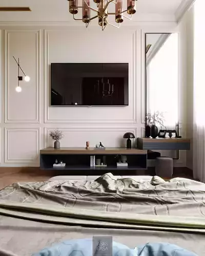 bedroom with chandelier and walls