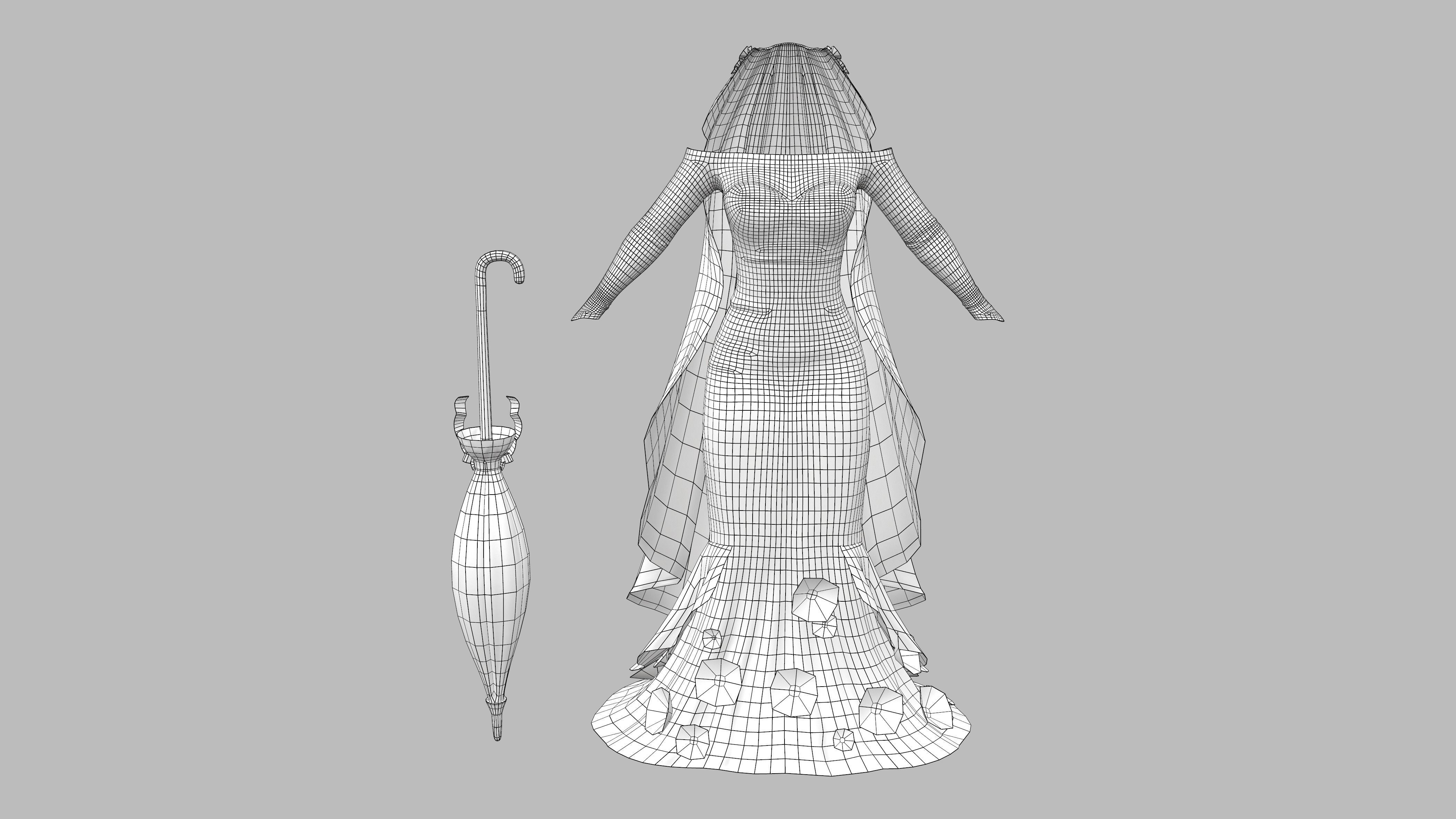 Wedding Dress With Long Veil Cape Umbrella Accessory Low-poly 3D model_6