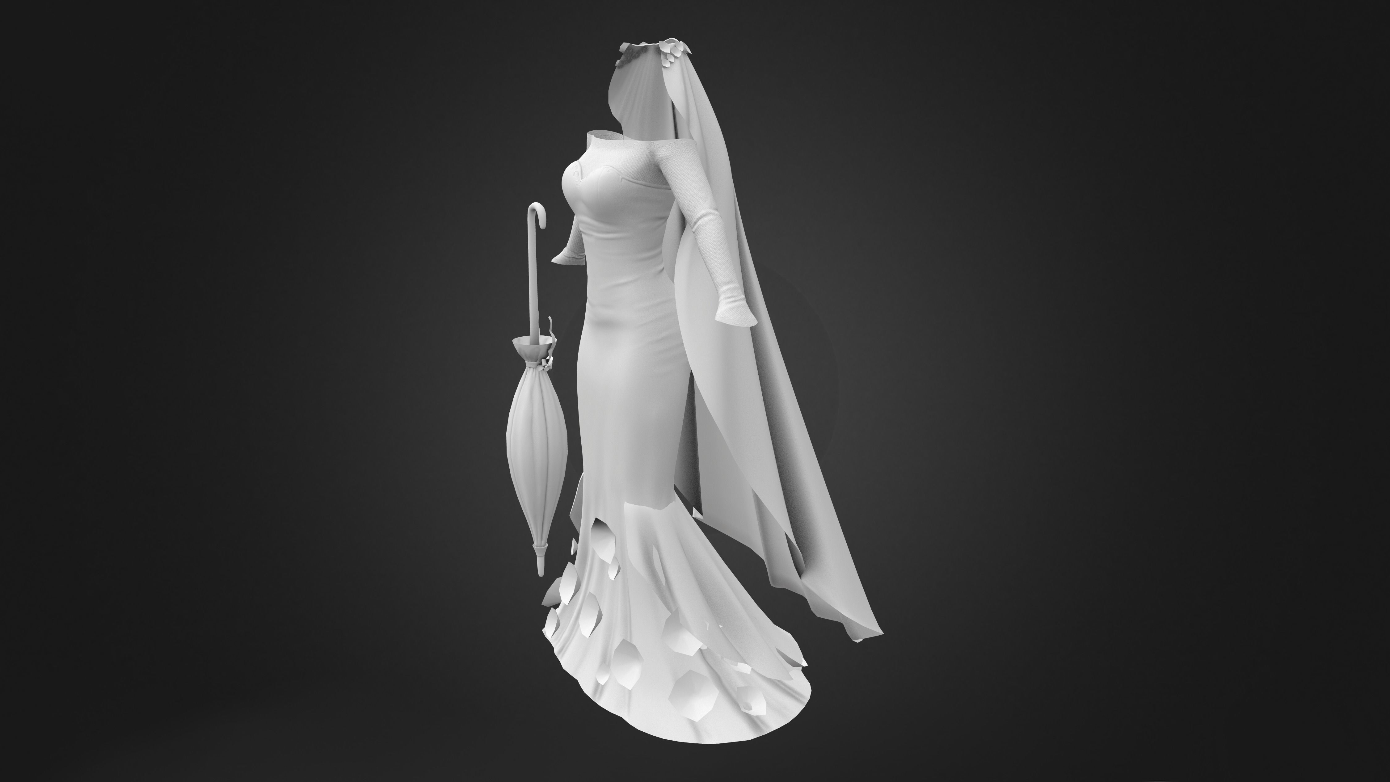 Wedding Dress With Long Veil Cape Umbrella Accessory Low-poly 3D model_7