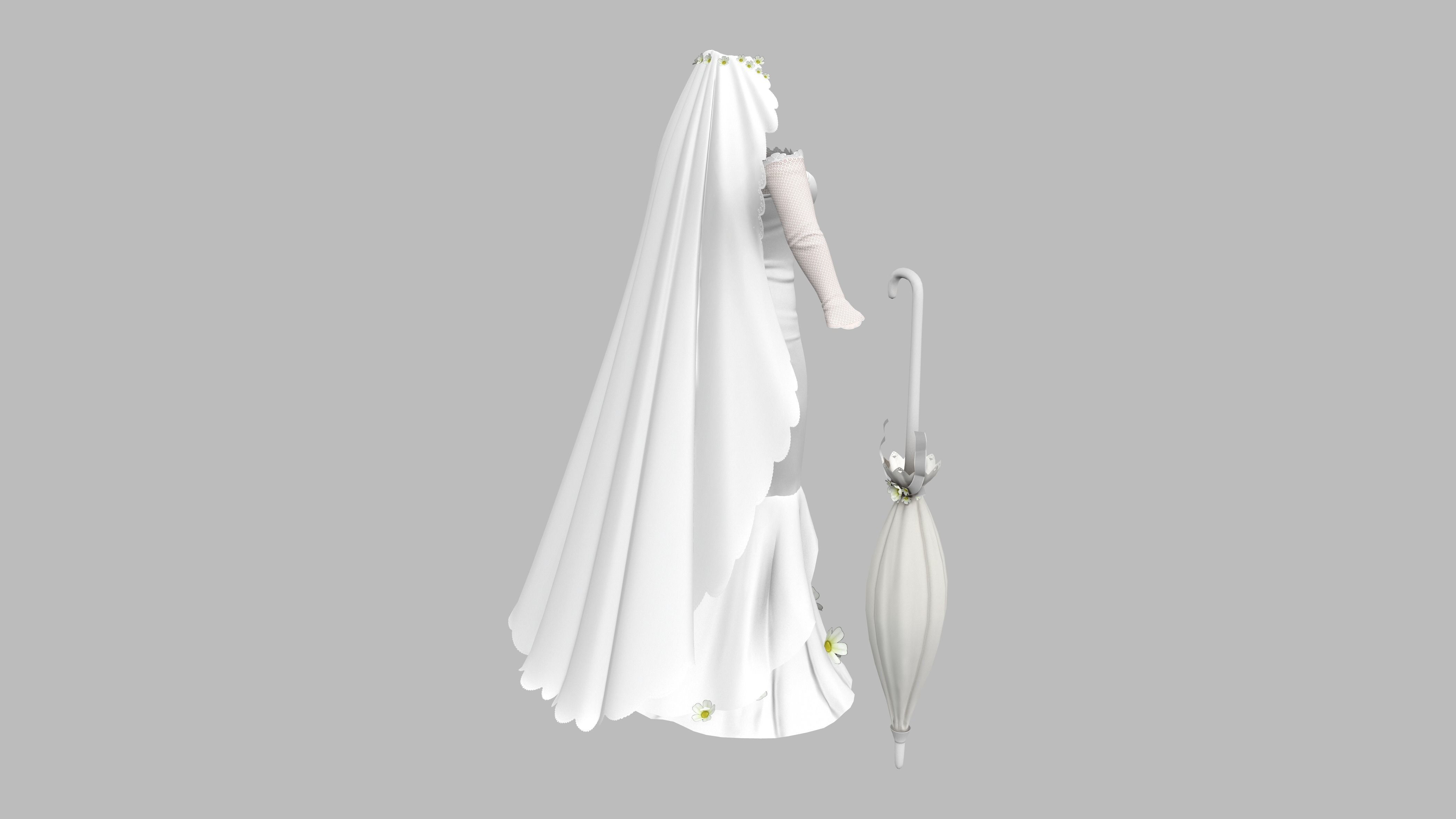 Wedding Dress With Long Veil Cape Umbrella Accessory Low-poly 3D model_9